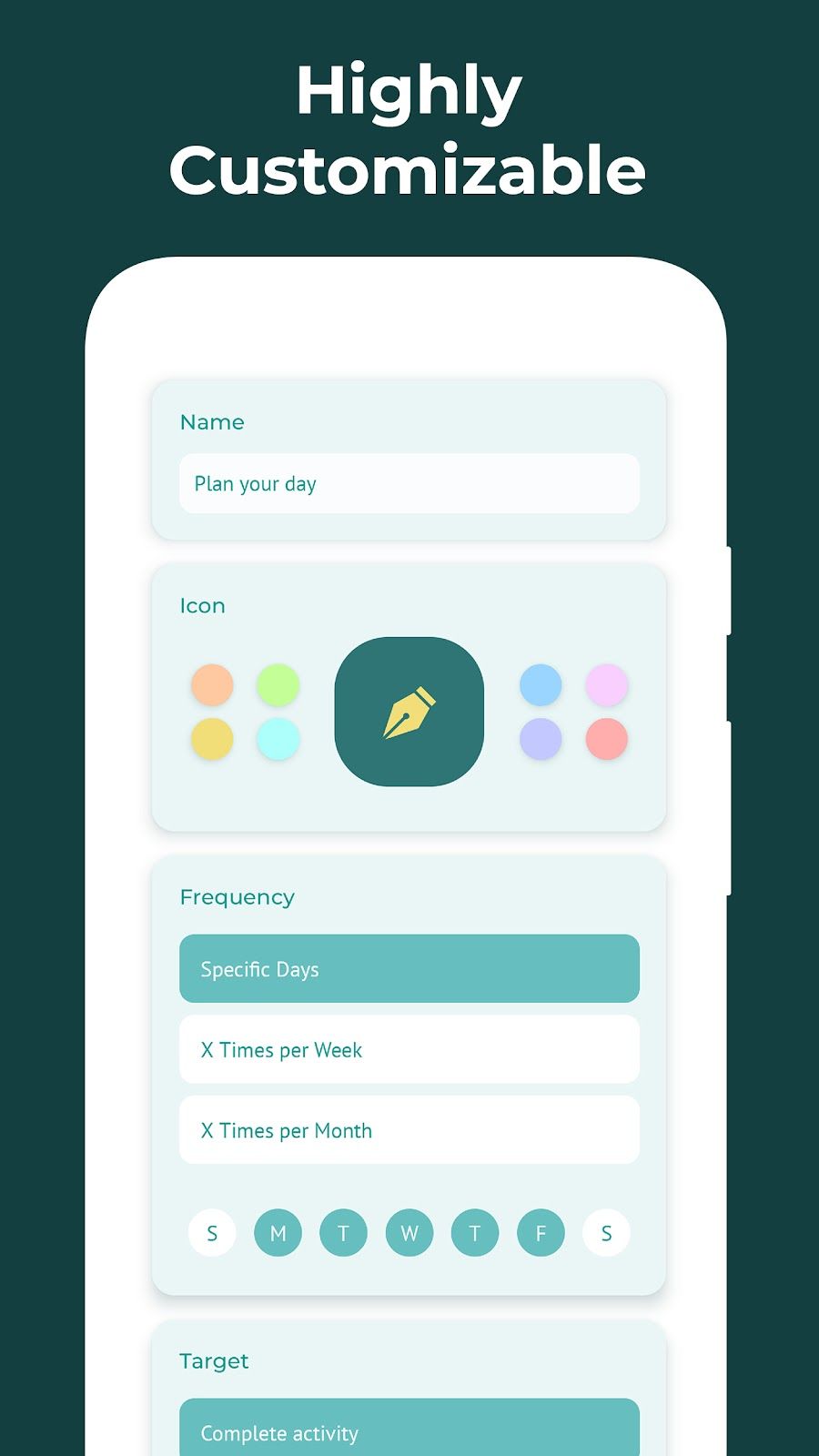 Otternal Life store preview showing habit name, icon, frequency, and target settings.
